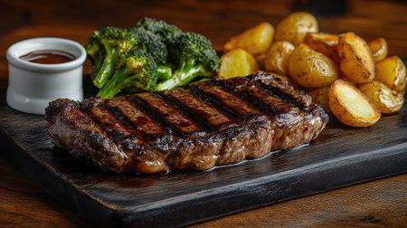 A succulent grilled steak served with vibrant broccoli and roasted potatoes on a rustic wooden platter. Perfect for a hearty meal or special occasion.の素材