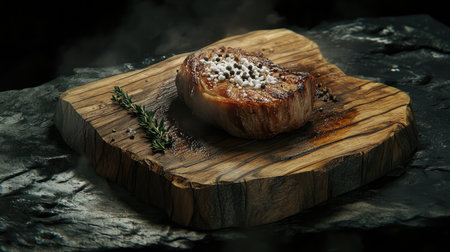 A beautifully cooked steak resting on a rustic wooden board, garnished with herbs and pepper. Perfect for showcasing gourmet culinary art and presentation.の素材