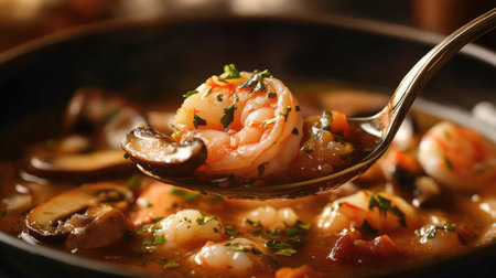 A close-up of shrimp soup filled with fresh ingredients like mushrooms and herbs, showcasing a shiny spoonful. Perfect for culinary presentations.の素材
