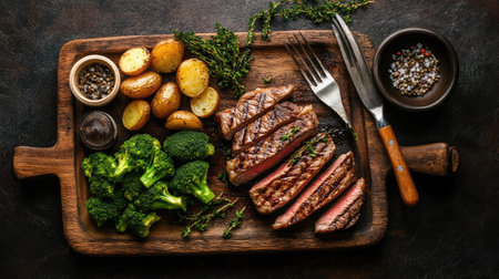 A beautifully arranged plate featuring juicy steak, vibrant broccoli, and roasted potatoes, garnished with fresh herbs. Perfect for a hearty meal.の素材