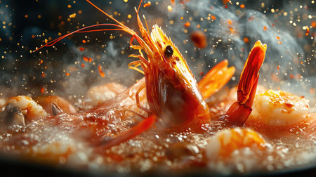 A striking image of seafood cooking with a focus on shrimp, enhancing the culinary experience with spices and steam. Perfect for food lovers.の素材