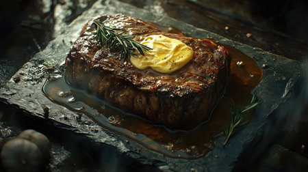 A mouthwatering grilled steak topped with herb butter, served on a slate plate. Perfect for culinary enthusiasts seeking gourmet meal inspiration.の素材