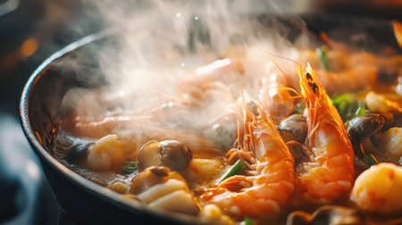 A close-up view of fresh shrimp and shellfish simmering in a flavorful broth, releasing steam that enhances the appetizing aroma of the dish. Perfect for food photography.の素材