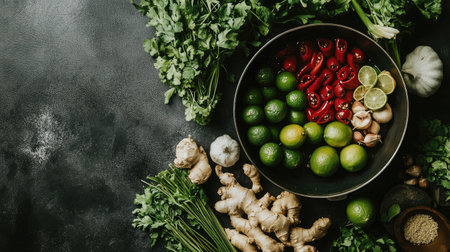 A vibrant display of fresh vegetables and herbs, featuring ginger, limes, cilantro, and various peppers, perfect for culinary creations and healthy meals.の素材