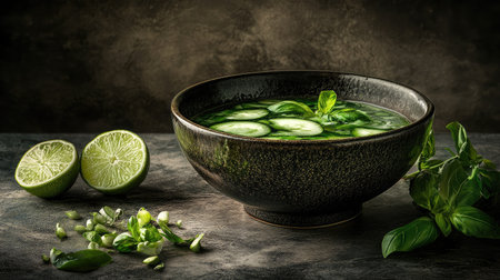 A vibrant bowl of fresh green soup garnished with basil and cucumber slices. Perfect for healthy meals, showcasing natural ingredients and flavors.の素材