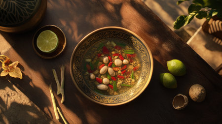 A vibrant bowl of fresh soup, showcasing colorful ingredients like herbs and lime, presented beautifully on a rustic wooden table, perfect for culinary inspiration.の素材