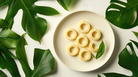 A vibrant arrangement of fresh tropical ingredients on a white plate, surrounded by green leaves, showcasing natural beauty and culinary creativity.の素材