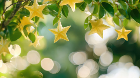 Bright yellow stars dangle among lush green leaves, creating a whimsical scene. The soft bokeh background adds a dreamy touch, perfect for nature lovers.の素材