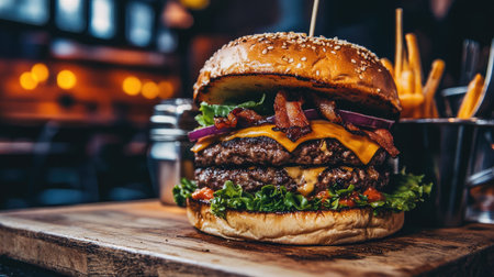 A mouthwatering burger featuring layers of cheese, crispy bacon, and fresh vegetables, presented on a rustic wooden board with fries. Perfect for food lovers.の素材