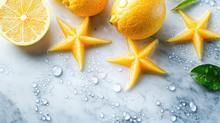 Brightly arranged citrus fruits including lemons and starfruit on a marble surface. Water droplets enhance the fresh and vibrant appearance, perfect for culinary and lifestyle themes.の素材