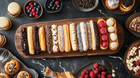 A visually appealing assortment of sweet desserts arranged on a wooden platter. Indulge in a variety of flavors with fresh ingredients and elegant presentation.の素材