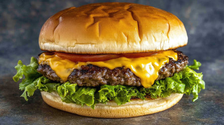 A mouthwatering cheeseburger featuring a juicy beef patty, melted cheese, crisp lettuce, and fresh tomato, served on a soft bun. Perfect for any meal.の素材