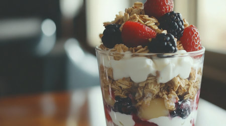 A delicious berry yogurt parfait featuring layers of granola, fresh strawberries, and blackberries. Perfect for a healthy snack or breakfast treat.の素材