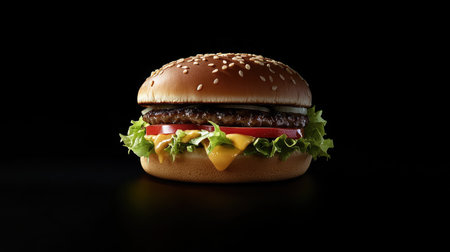 This mouth-watering cheeseburger features fresh ingredients and a sesame seed bun, perfect for showcasing delicious fast food in a minimalist style.の素材