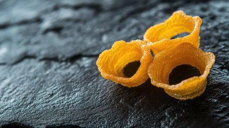 Close-up of vibrant yellow candy shapes resting on a dark slate surface, showcasing their unique texture and bright color, perfect for food photography.の素材