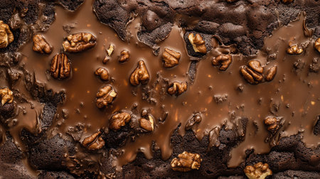 A close-up of a rich, chocolate brownie topped with walnuts and a smooth chocolate drizzle. Perfect for dessert lovers seeking indulgence.の素材