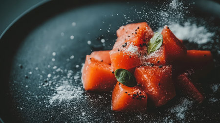 Fresh cubes of watermelon arranged elegantly on a black plate, garnished with delicate basil leaves and a sprinkle of poppy seeds, perfect for summer.の素材