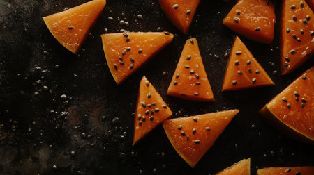 A vibrant arrangement of fresh orange slices with visible seeds. This colorful composition showcases the juicy texture, ideal for food-related projects and culinary themes.の素材