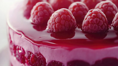 A beautiful close-up of a fresh raspberry dessert, featuring a glossy red glaze and topped with plump berries, perfect for any sweet occasion.の素材
