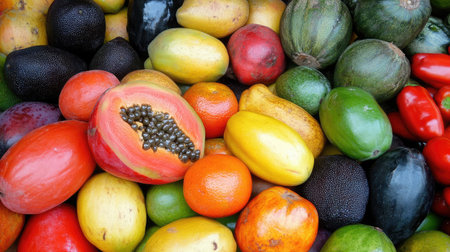 A vibrant assortment of fresh tropical fruits showcasing bright colors and textures. This healthy display features papaya, mango, and avocado, ideal for nutrition-focused projects.の素材