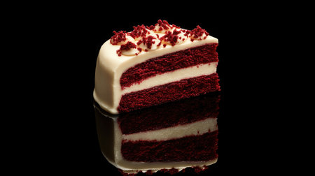 A beautifully presented slice of red velvet cake adorned with cream frosting, sitting against a black background, showcasing its rich texture and layers.の素材