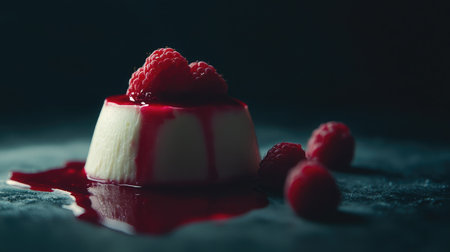 A delightful creamy dessert topped with fresh raspberries and rich raspberry sauce, perfect for gourmet dining and special occasions. An enticing visual treat.の素材