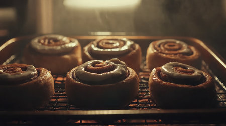Freshly baked cinnamon rolls sit warm and inviting, topped with creamy icing. The aroma wafts through the air, making it a perfect dessert.の素材