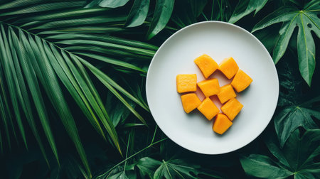 A vibrant composition of fresh mango cubes on a white plate, surrounded by lush green leaves, perfect for showcasing healthy and tropical cuisine.の素材