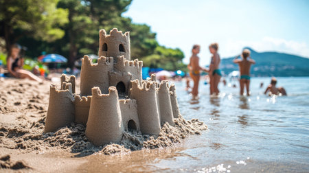 A beautiful sand castle built on the beach, with children playing in the background. The sunny day creates a perfect summer vacation scene.の素材