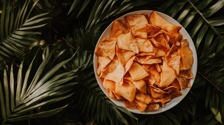 A vibrant bowl of freshly made potato chips rests on a backdrop of lush green leaves. Perfect for showcasing delicious snack ideas in a natural setting.の素材