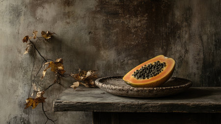 A beautiful still life featuring a fresh papaya slice on a rustic wooden table with gray background and autumn leaves, highlighting natural beauty and healthy living.の素材