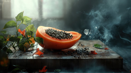 A vivid, artistic shot of a halved papaya with black seeds, surrounded by leaves and a misty effect, perfect for food and culinary themes.の素材