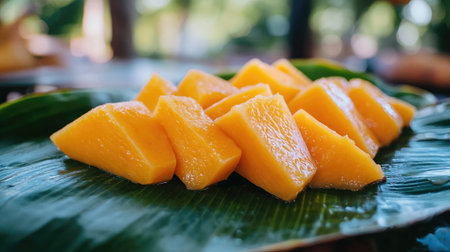 Fresh mango slices displayed on a green leaf create a vibrant and inviting image perfect for food lovers and enthusiasts of tropical fruits.の素材