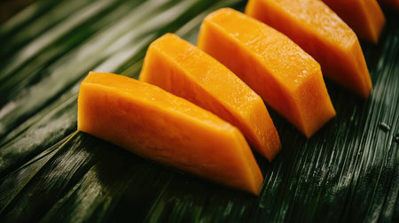 Vibrant slices of fresh mango arranged on a green leaf, showcasing the fruit's glossy texture and rich color, perfect for summer dishes or healthy snacks.の素材
