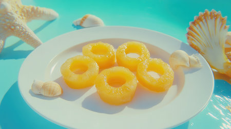 Bright and vibrant pineapple slices arranged on a white plate by the ocean. Perfect for summer, this refreshing fruit captures the essence of tropical leisure.の素材