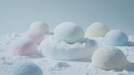 A serene arrangement of soft, pastel-colored candies dusted with powder, creating a whimsical and inviting visual perfect for dessert lovers.の素材