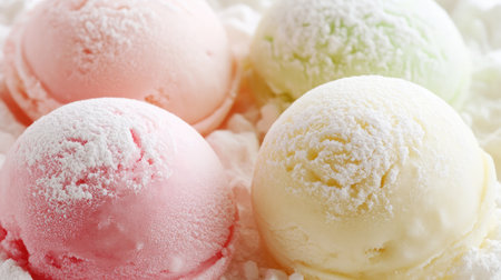 A vibrant display of four colorful ice cream scoops resting on a bed of crushed ice. Perfect for summer celebrations and dessert lovers alike.の素材