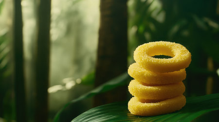 Four vibrant yellow rings stacked gracefully on a green leaf, surrounded by a lush tropical backdrop, creating a serene and inviting atmosphere.の素材