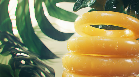 Vibrant yellow pool rings stacked beside lush tropical leaves create a lively summer atmosphere, perfect for a refreshing day by the water.の素材