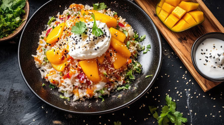 A vibrant mango salad featuring fresh ingredients like rice, herbs, and yogurt, perfect for a healthy meal or summer gathering. Ideal for food enthusiasts.の素材