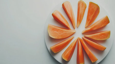 A vibrant arrangement of fresh melon slices on a white plate, showcasing their juicy orange color. Ideal for promoting healthy eating and vibrant food presentations.の素材