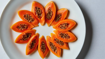 Vibrant papaya slices arranged beautifully on a white plate, showcasing the natural colors and textures. A perfect choice for healthy meals or summer dishes.の素材