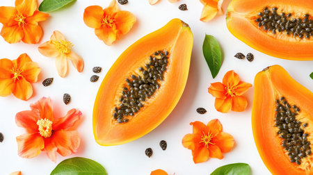 A vibrant arrangement of fresh papaya slices with seeds surrounded by colorful tropical flowers. This image symbolizes health and natureの素材