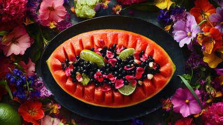 A vibrant watermelon platter beautifully arranged with fresh berries and lime garnishes, surrounded by colorful flowers, perfect for summer gatherings.の素材