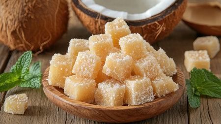 Delight in this enticing image of coconut candy cubes resting on a wooden plate, surrounded by fresh coconut and mint leaves, evoking tropical flavors.の素材