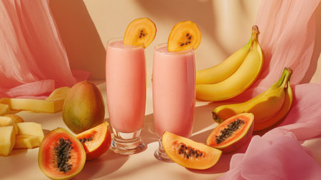 Delight in these refreshing tropical fruit smoothies made with papaya and banana, perfect for warm days or vibrant gatherings. Enjoy the flavors!の素材