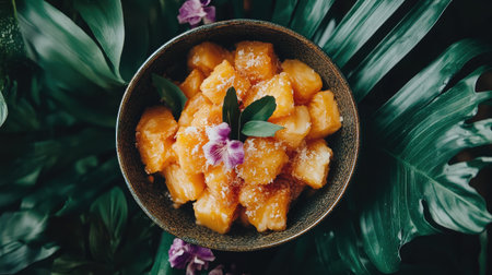 A vibrant bowl of fresh tropical dessert featuring sweet orange fruit, garnished with coconut and delicate orchids, set against lush green leaves.の素材