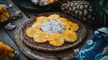A vibrant arrangement of fresh pineapple slices and coconut on a rustic woven tray, perfect for tropical-themed events or healthy snacks.の素材