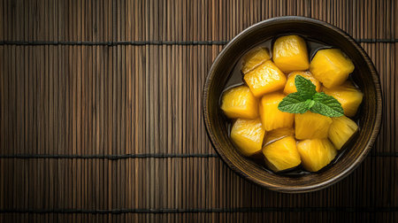 A visually appealing wooden bowl filled with fresh pineapple cubes garnished with mint, perfect for summer desserts and healthy snacks.の素材