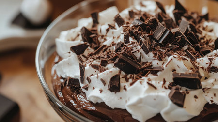 A rich chocolate dessert topped with fluffy whipped cream and dark chocolate shavings, perfect for celebrations or everyday indulgence.の素材